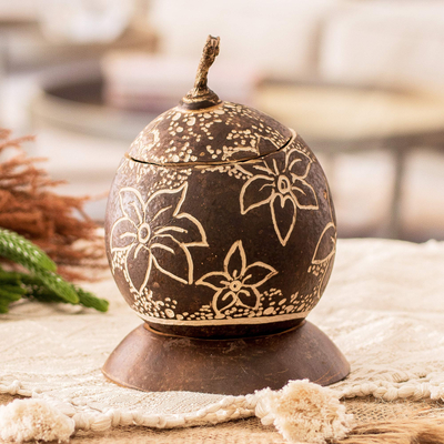 Dried gourd decorative accent, 'Caribbean Flowers' - Tropical Floral Handmade Round Dried Gourd Decorative Accent