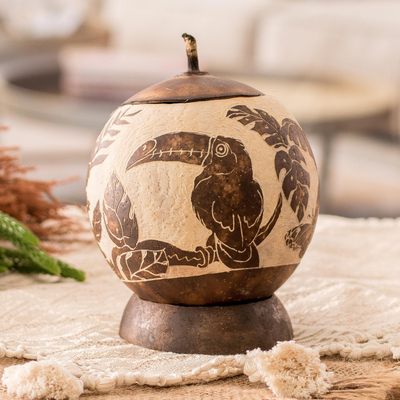 Dekorativer Akzent aus getrocknetem Kürbis - Handgefertigter runder getrockneter Kürbis-Deko-Akzent mit Tukan-Motiv