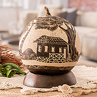 Dried gourd decorative accent, 'Caribbean Landscape' - Caribbean Town Landscape Round Dried Gourd Decorative Accent