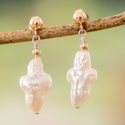 Aretes colgantes de perlas cultivadas - Pendientes colgantes de perlas cultivadas barrocas en tono crema