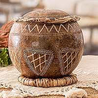 Dried gourd decorative accent, 'Sacred Treasure' - Hand-Carved Geometric-Themed Dried Gourd Decorative Accent
