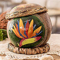 Dried gourd decorative accent, 'Crane Flower' - Crane Flower-Themed Painted Dried Gourd Decorative Accent