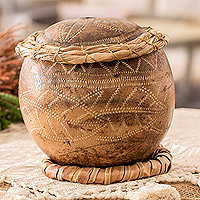Acento decorativo de calabaza seca, 'Hojas de Abaca' - Acento decorativo de calabaza seca con estampado de hojas talladas a mano
