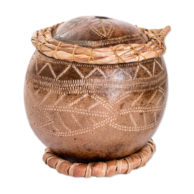 Dried gourd decorative accent, 'Abaca Leaves' - Hand-Carved Leafy-Patterned Dried Gourd Decorative Accent