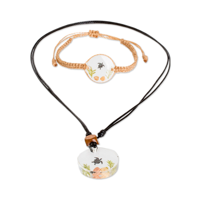Macrame jewelry set, 'Marine Sage' - Set of Resin Turtle Pendant Necklace and Macrame Bracelet