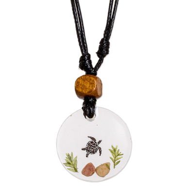 Macrame jewellery set, 'Marine Sage' - Set of Resin Turtle Pendant Necklace and Macrame Bracelet