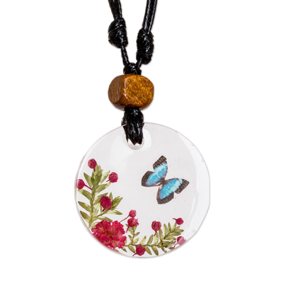 Macrame jewelry set, 'Morpho Hopes' - Set of Resin Butterfly Pendant Necklace and Macrame Bracelet