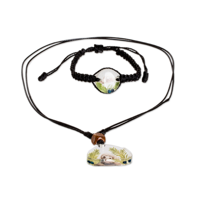 Macrame jewelry set, 'Sloth's Peace' - Set of Resin Sloth-Themed Necklace and Macrame Bracelet