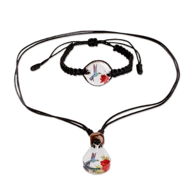 Macrame jewelry set, 'Hummingbird Sign' - Set of Resin Hummingbird Necklace and Macrame Bracelet