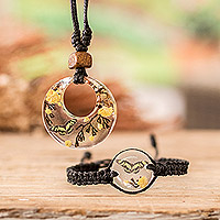 Macrame jewelry set, 'Butterfly Space' - Set of Resin Yellow Butterfly Necklace and Macrame Bracelet