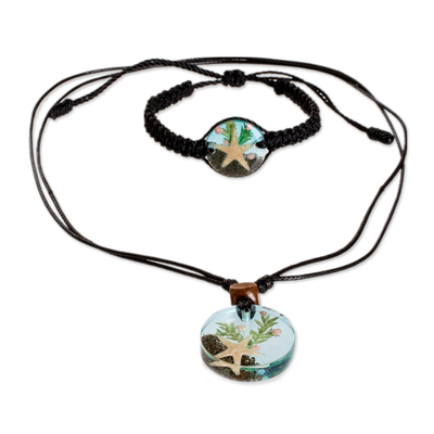 Macrame jewelry set, 'Sea Celebrity' - Set of Resin Starfish-Themed Necklace and Macrame Bracelet