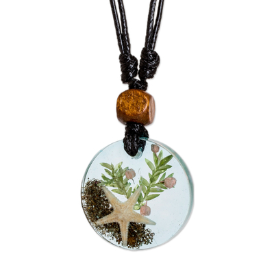 Macrame jewelry set, 'Sea Celebrity' - Set of Resin Starfish-Themed Necklace and Macrame Bracelet