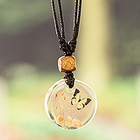 Resin pendant necklace, 'Planet Butterfly' - Handcrafted Butterfly-Themed Round Resin Pendant Necklace