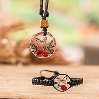 Resin macrame jewelry set, 'Monarch Hope' - Set of Resin Monarch Butterfly Necklace and Macrame Bracelet