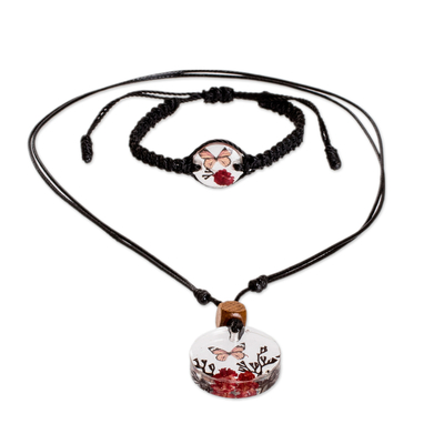 Resin macrame jewellery set, 'Monarch Hope' - Set of Resin Monarch Butterfly Necklace and Macrame Bracelet