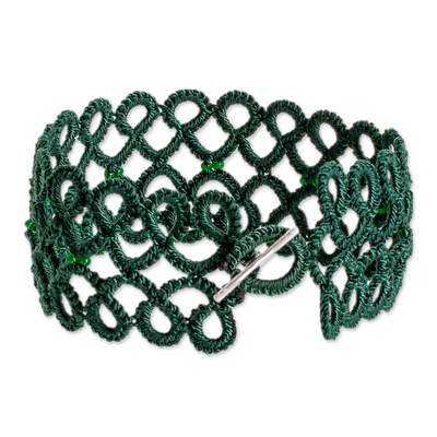 Glass beaded wristband bracelet, 'Gleams of Harmony' - Handwoven Green Wristband Bracelet with Glass Beads