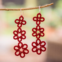Hand-tatted dangle earrings, 'Petal Delight in Crimson'