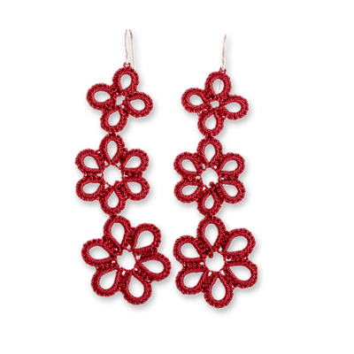 Hand-tatted dangle earrings, 'Petal Delight in Crimson' - Hand-Tatted Floral Dangle Earrings in Crimson from Guatemala
