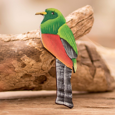 Wood magnet, 'Trogon Call' - Hand-Painted Green and Red Recycled Pinewood Bird Magnet