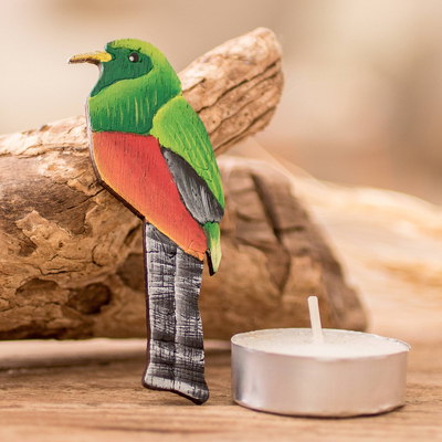 Wood magnet, 'Trogon Call' - Hand-Painted Green and Red Recycled Pinewood Bird Magnet