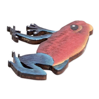 Wood magnet, 'Froggy Tropic' - Hand-Painted Blue and Red Frog Recycled Pinewood Magnet