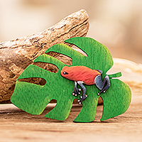 Holzmagnet „Leafy Eden“ – handbemalter Blatt- und Frosch-Magnet aus Kiefernholz mit Naturmotiv