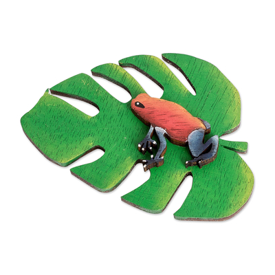 Wood magnet, 'Leafy Eden' - Nature-Themed Hand-Painted Leaf and Frog Pinewood Magnet
