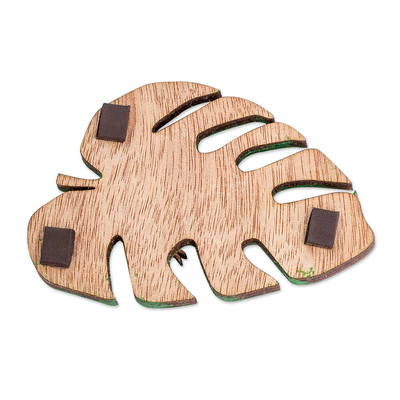 Wood magnet, 'Leafy Eden' - Nature-Themed Hand-Painted Leaf and Frog Pinewood Magnet