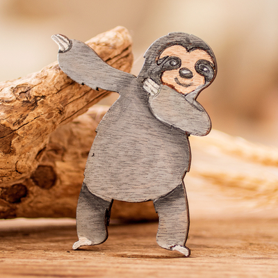 Wood magnet, 'Trendy Sloth' - Hand-Painted Whimsical Dancing Sloth Pinewood Magnet