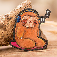 Wood magnet, 'Musical Sloth' - Hand-Painted Whimsical Musical Sloth Pinewood Magnet