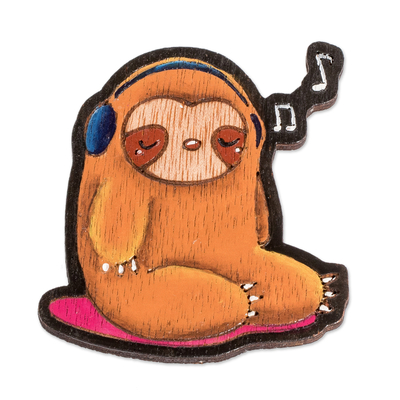 Wood magnet, 'Musical Sloth' - Hand-Painted Whimsical Musical Sloth Pinewood Magnet
