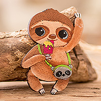 Wood magnet, 'Sloth in Vacation' - Hand-Painted Whimsical traveller Sloth Pinewood Magnet