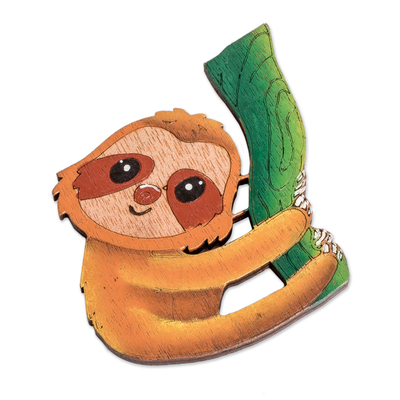 Wood magnet, 'Little Dreamer' - Hand-Painted Nature-Themed Recycled Pinewood Sloth Magnet