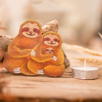 Wood magnet, 'Familiar Sloth' - Hand-Painted Sloth Family Recycled Pinewood Magnet