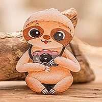 Wood magnet, 'Sloth in Tour' - Hand-Painted Whimsical Photographer Sloth Pinewood Magnet