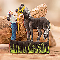 Imán de madera, 'Compañero valiente' - Imán de caballo gris de madera reciclada inspirador pintado a mano