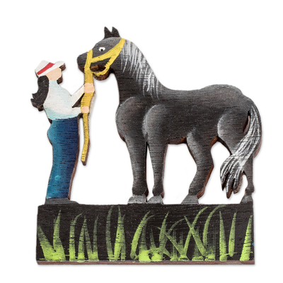 Wood magnet, 'Courageous Companion' - Hand-Painted Inspirational Recycled Wood Grey Horse Magnet