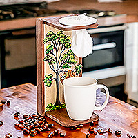 Puesto de café de goteo de una sola porción de madera - Soporte de café de goteo monodosis marrón pintado con temática de la naturaleza