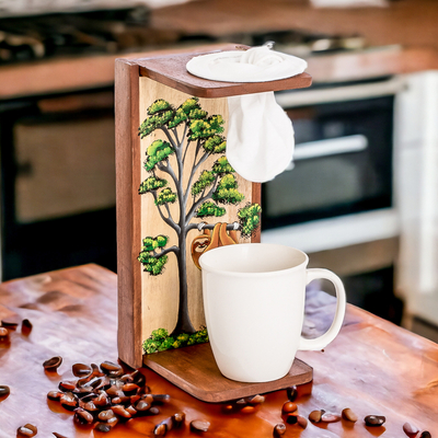 Einzelportions-Tropfkaffeeständer aus Holz - Brauner Einzelportions-Tropfkaffeeständer mit bemaltem Naturmotiv