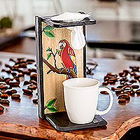 Soporte de café de goteo de una sola porción de madera, 'Tropical Aroma' - Soporte de café de goteo de una sola porción negro pintado con temática de la naturaleza