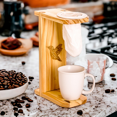 Wood single-serve drip coffee stand, 'Harmonious Scents' - Hummingbird-Themed Pinewood Single-Serve Drip Coffee Stand