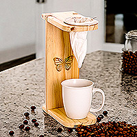 Soporte de café de goteo de una sola porción de madera, 'Magical Scents' - Soporte de café de goteo de una sola porción de madera de pino con temática de mariposas