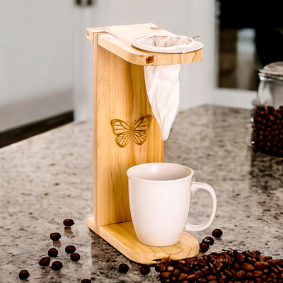 Puesto de café de goteo de una sola porción de madera - Soporte de café de goteo monodosis de madera de pino con temática de mariposas