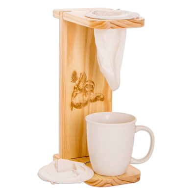 Wood single-serve drip coffee stand, 'Peaceful Scents' - Sloth-Themed Pinewood Single-Serve Drip Coffee Stand