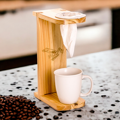 Wood single-serve drip coffee stand, 'Lucky Scents' - Frog-Themed Pinewood Single-Serve Drip Coffee Stand
