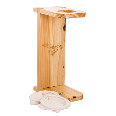 Wood single-serve drip coffee stand, 'Lucky Scents' - Frog-Themed Pinewood Single-Serve Drip Coffee Stand