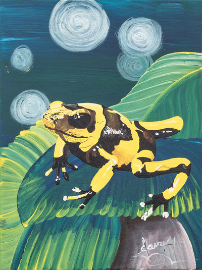'Golden Dart Frog' - Stretched Impressionist Green and Yellow Frog Painting