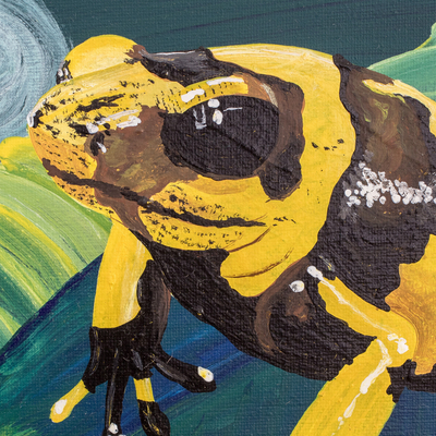'Golden Dart Frog' - Pintura impresionista estirada de rana verde y amarilla