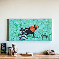 'Rana dardo venenosa fresa' - Pintura impresionista estirada de rana roja y turquesa