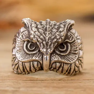 Sterling silver cocktail ring, 'Emblem of the Sage' - Owl-Shaped Sterling Silver Cocktail Ring from Costa Rica